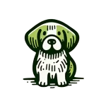 This is a hand-drawn style pet icon with a primary color of grass green. The image features an adorable puppy with a round body and simple lines, highlighting its cartoonish look, making it perfect as a pet-related icon.