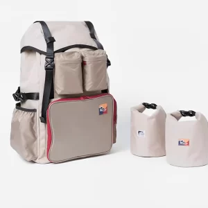 This image highlights the backpack and accompanying waterproof bags. The set provides a durable and organized solution for carrying essentials, keeping items dry and secure during outdoor activities.