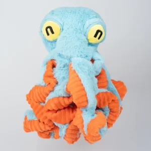 This image showcases the blue octopus dog toy’s adorable face and curly orange tentacles. Made from plush and durable materials, this toy is designed for safe chewing and interactive fun for pets.