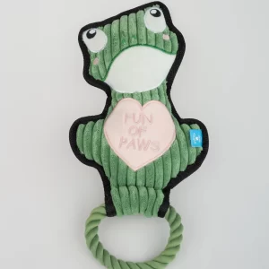 This frog tug toy features an engaging design with a ribbed plush texture and durable rope handle for active play. It’s ideal for tugging, chewing, and keeping your pet entertained during playtime.
