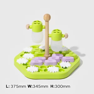This interactive dog toy includes treat dispensers, a central wooden pole, and a fun hexagonal base. Designed to stimulate your pet's mind and encourage active play. Perfect for mental enrichment and entertainment.
