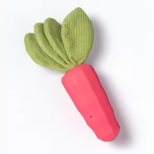This carrot dog toy is designed for dogs, featuring a pink radish shape and soft green leaves. Its vibrant colors and durable material make it a fun and engaging toy to keep your pet entertained.It is great chew toys for teething puppies.