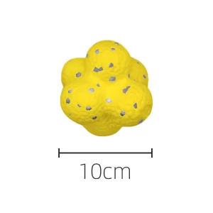 Illustrating its practical size, this image displays the 10cm measurement of our bouncy ball dog toy. The multi-lobed, molecule-like design ensures an unpredictable bounce, providing excellent mental and physical stimulation that keeps your dog happily engaged and active.