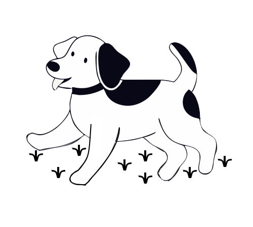 This playful black-and-white cartoon dog illustration captures the joyful spirit of a friendly pet. Featuring a happy expression and a dynamic walking pose, this design is ideal for use in pet-related branding, children’s books, or promotional materials. Its minimalist yet charming style ensures versatility across various creative projects.