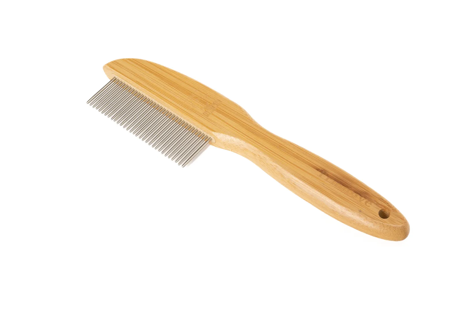 This image showcases the elegant yet practical design of our dog grooming comb. The eco-friendly material bamboo handle offers a lightweight feel and comfortable grip, while the stainless steel teeth are perfectly aligned to handle shedding and detangling with ease, promoting a healthy coat.