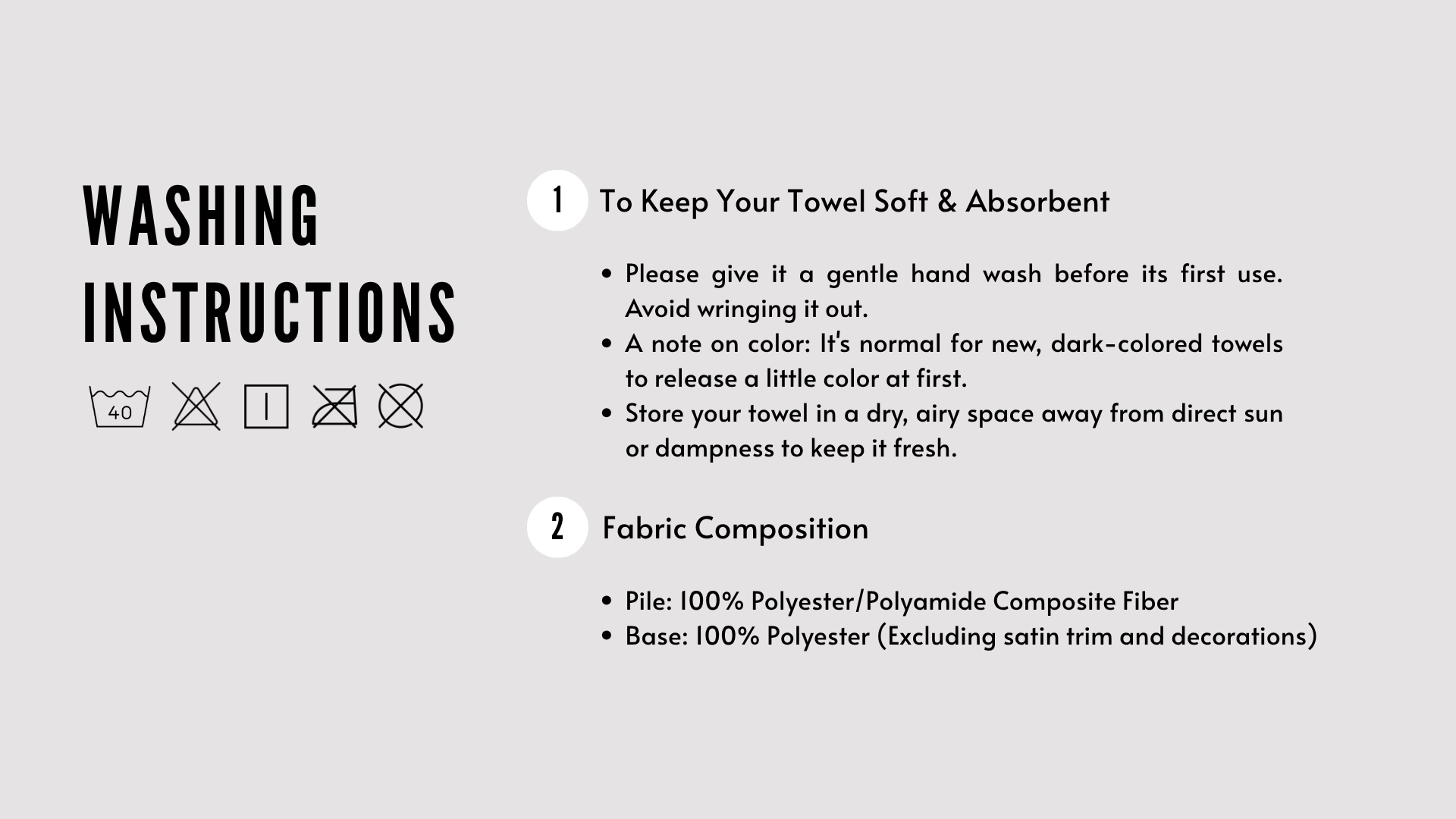 This graphic outlines the complete care guide for the Dog dry towel. It details washing symbols, gentle hand-washing steps, and storage advice to maintain freshness. The fabric composition, featuring a 100% polyester/polyamide composite pile and a 100% polyester base, is also clearly listed for your reference.