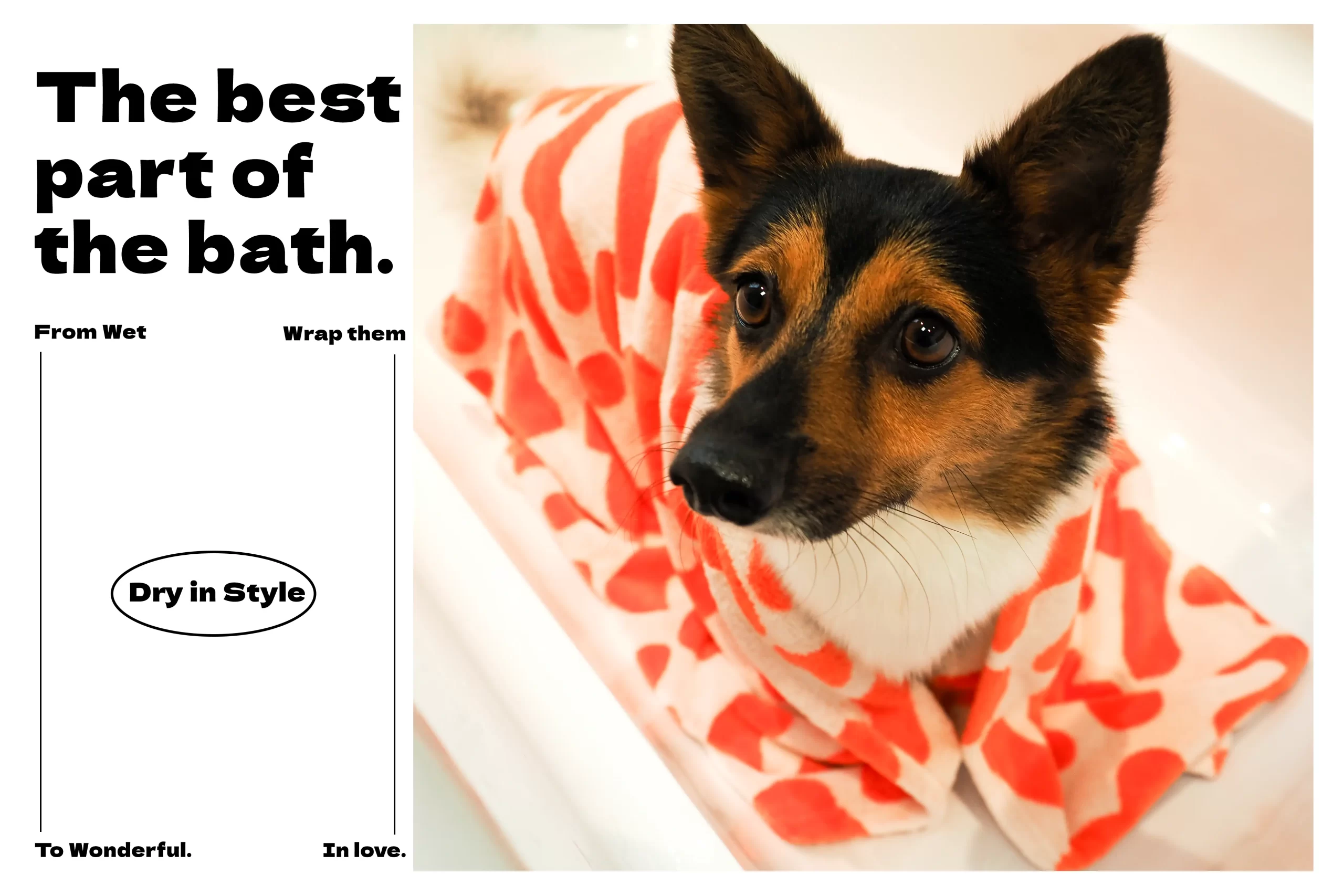 This charming advertisement features an adorable corgi wrapped snugly in a vibrant orange and white patterned Dog dry towel. With the tagline "The best part of the bath," the ad creatively shows the journey from "Wet to Wonderful," promising a cozy, stylish, and loving drying experience.