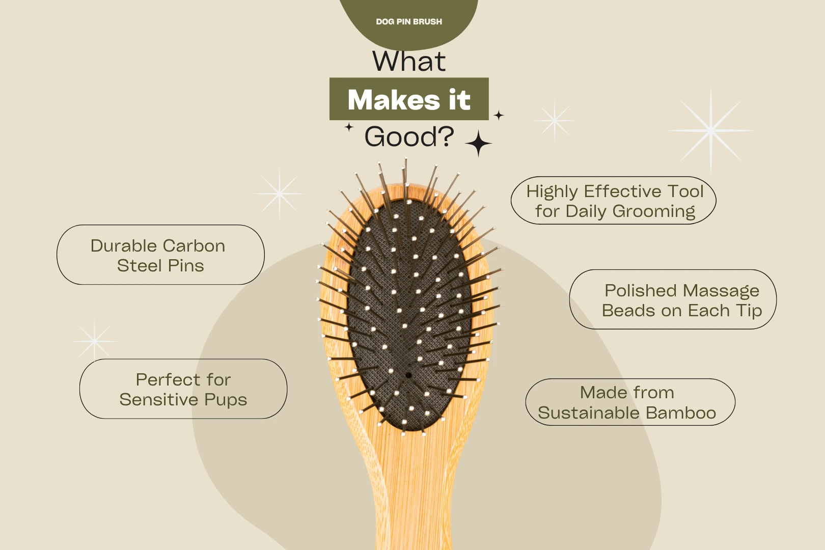 An infographic highlighting the benefits of a bamboo dog pin brush, with callouts for its durable carbon steel pins, polished massage beads, and suitability for sensitive pups.