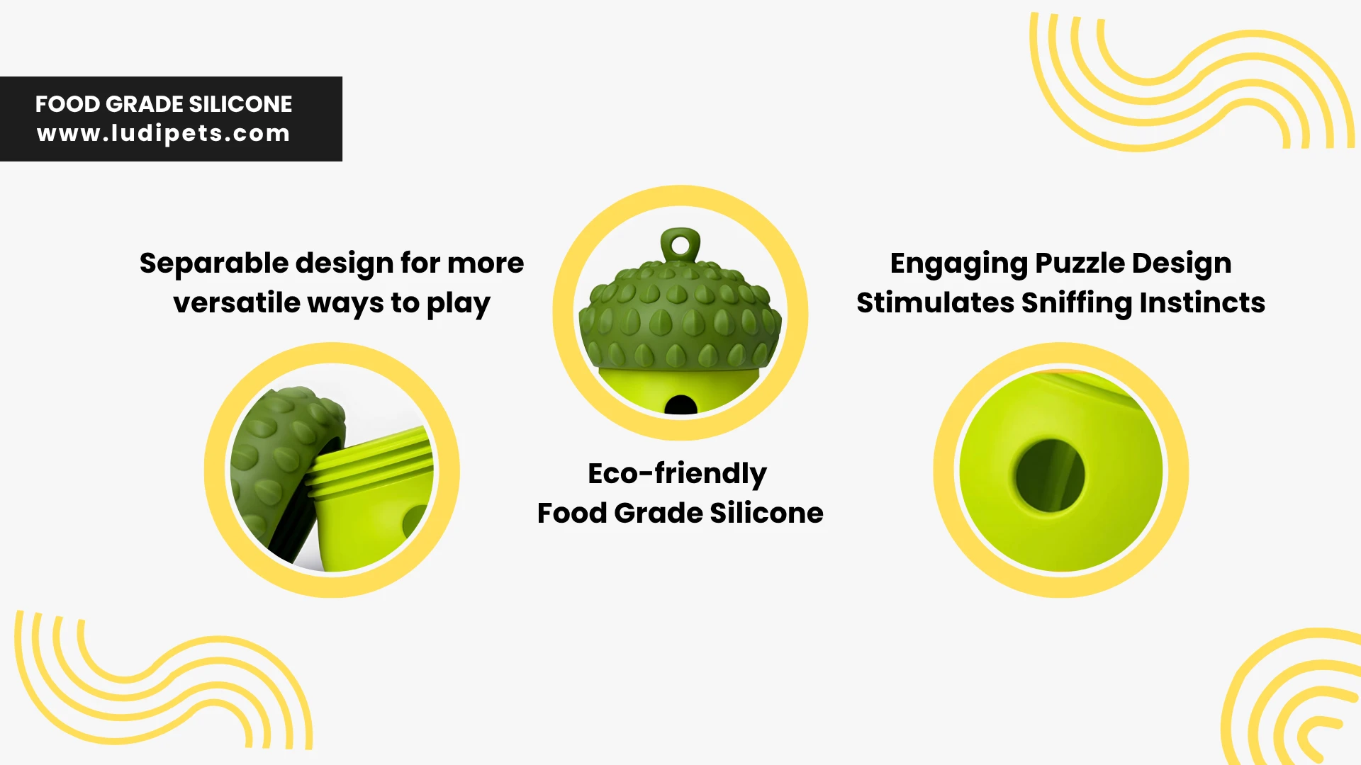 An infographic showcasing the features of the green acorn dog toy. It highlights the separable design for versatile play, the engaging puzzle aspect to stimulate a dog's natural instincts, and its durable, eco-friendly, food-grade silicone material, all set against a clean white background