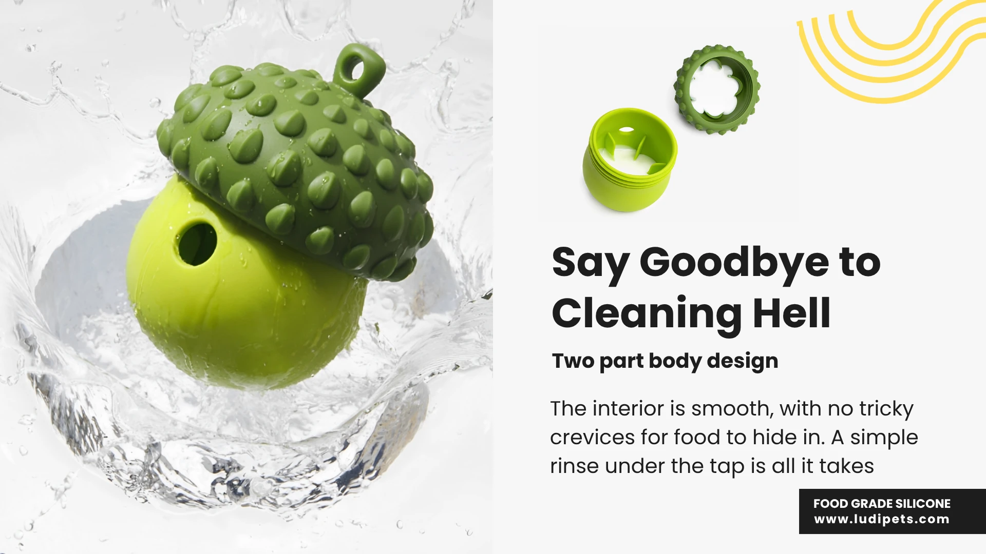 Illustrating its easy-to-clean design, the separable green acorn dog toy is pictured with a clean water splash. The text emphasizes its smooth interior with no tricky crevices for food to hide, making a simple rinse under the tap all that is needed for cleaning.