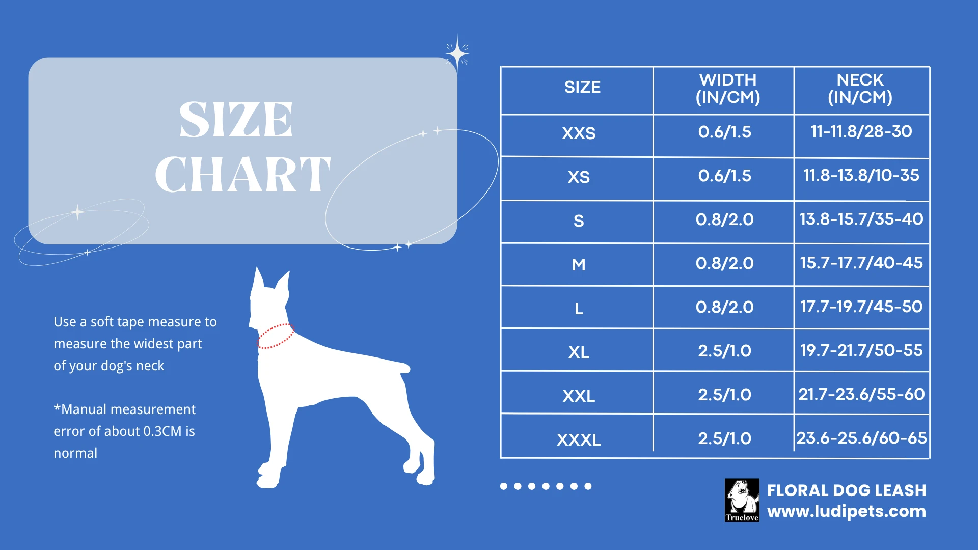 A comprehensive size chart to ensure the perfect fit for collar. The chart lists sizes from XXS to XXXL with corresponding neck and width measurements in inches and centimeters. An illustration of a dog shows the correct neck area to measure with a soft tape.