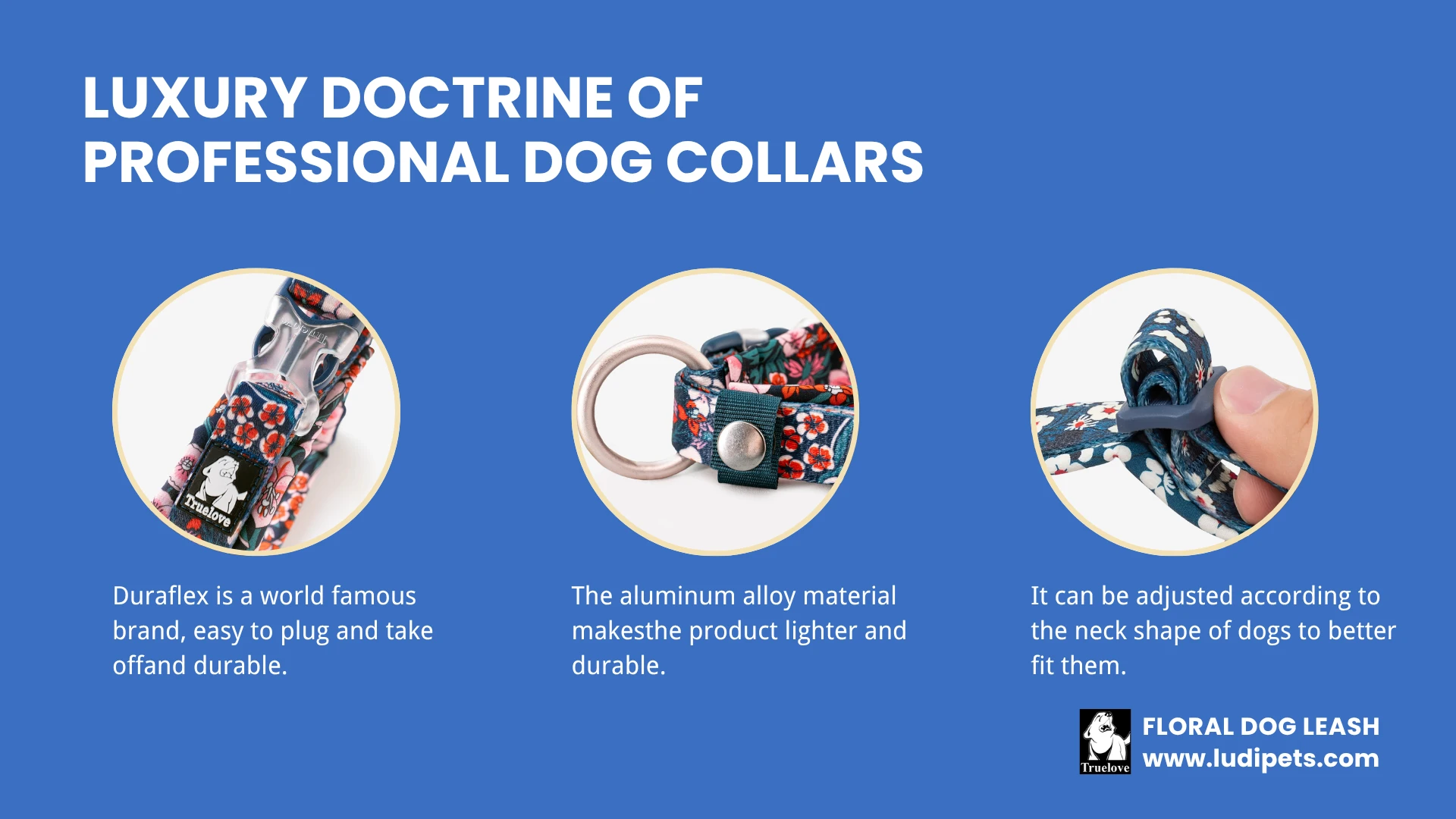 This infographic, titled "Luxury Doctrine of Professional Dog Collars," showcases the premium hardware of the floral dog collar. It features close-up images of the easy-to-plug Duraflex buckle, the strong yet light aluminum alloy D-ring, and the adjustable strap that ensures a perfect, secure fit.