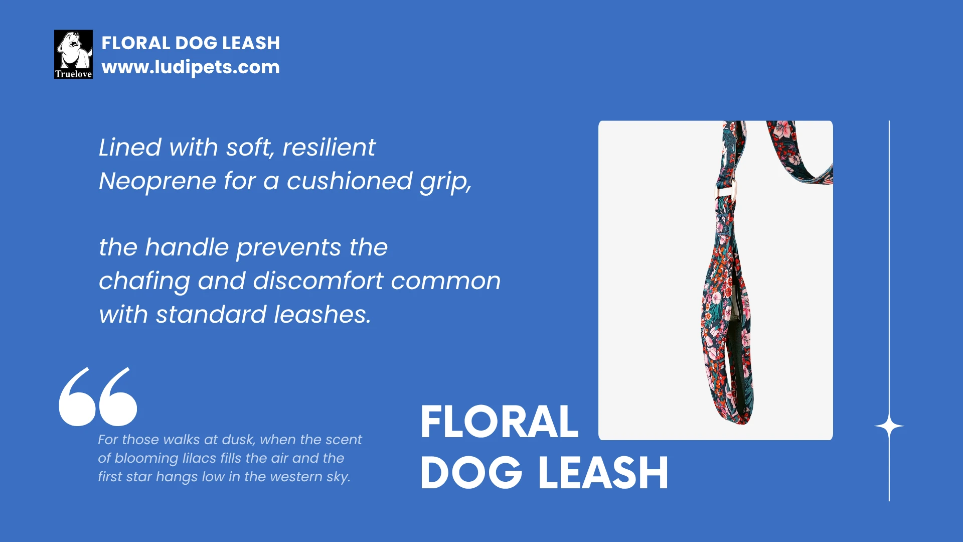 A close-up of the comfortable handle of the floral dog leash, with text explaining its soft, resilient neoprene lining for a cushioned grip. The image also features a poetic quote about walks at dusk, connecting the leash to restorative, beautiful moments with your pet.