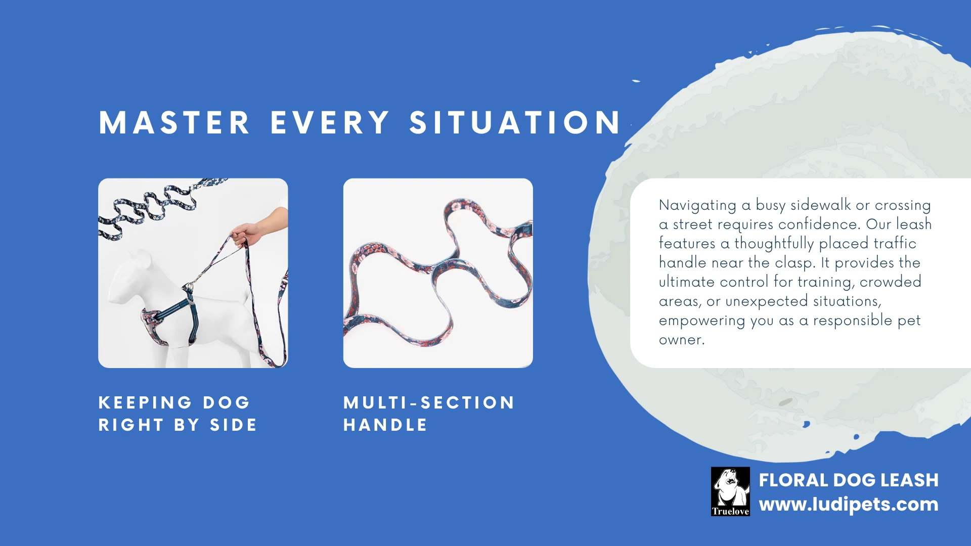 An infographic with a blue background detailing the control features of the floral dog leash. It includes images of the leash on a dog mannequin and its multi-section handle, with text explaining how the traffic handle provides ultimate control in crowded areas or during training.