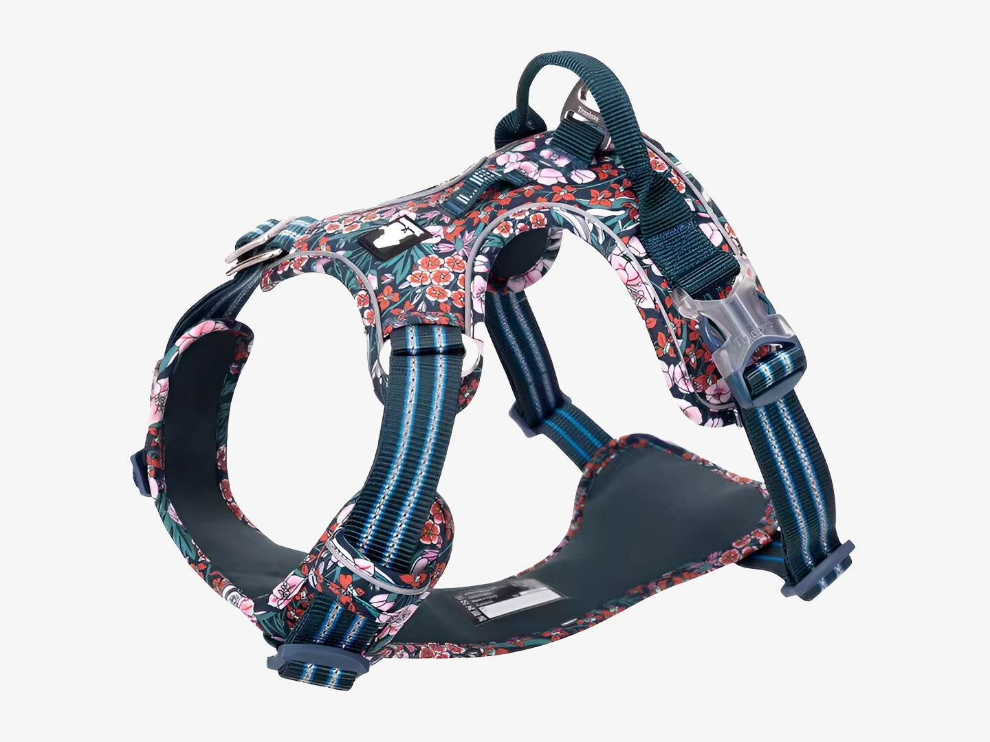 A complete view of the dark blue floral dog harness against a white background. It highlights the padded chest piece, adjustable straps, dual silver leash attachment points, and a secure side-release buckle for a comfortable and safe fit.