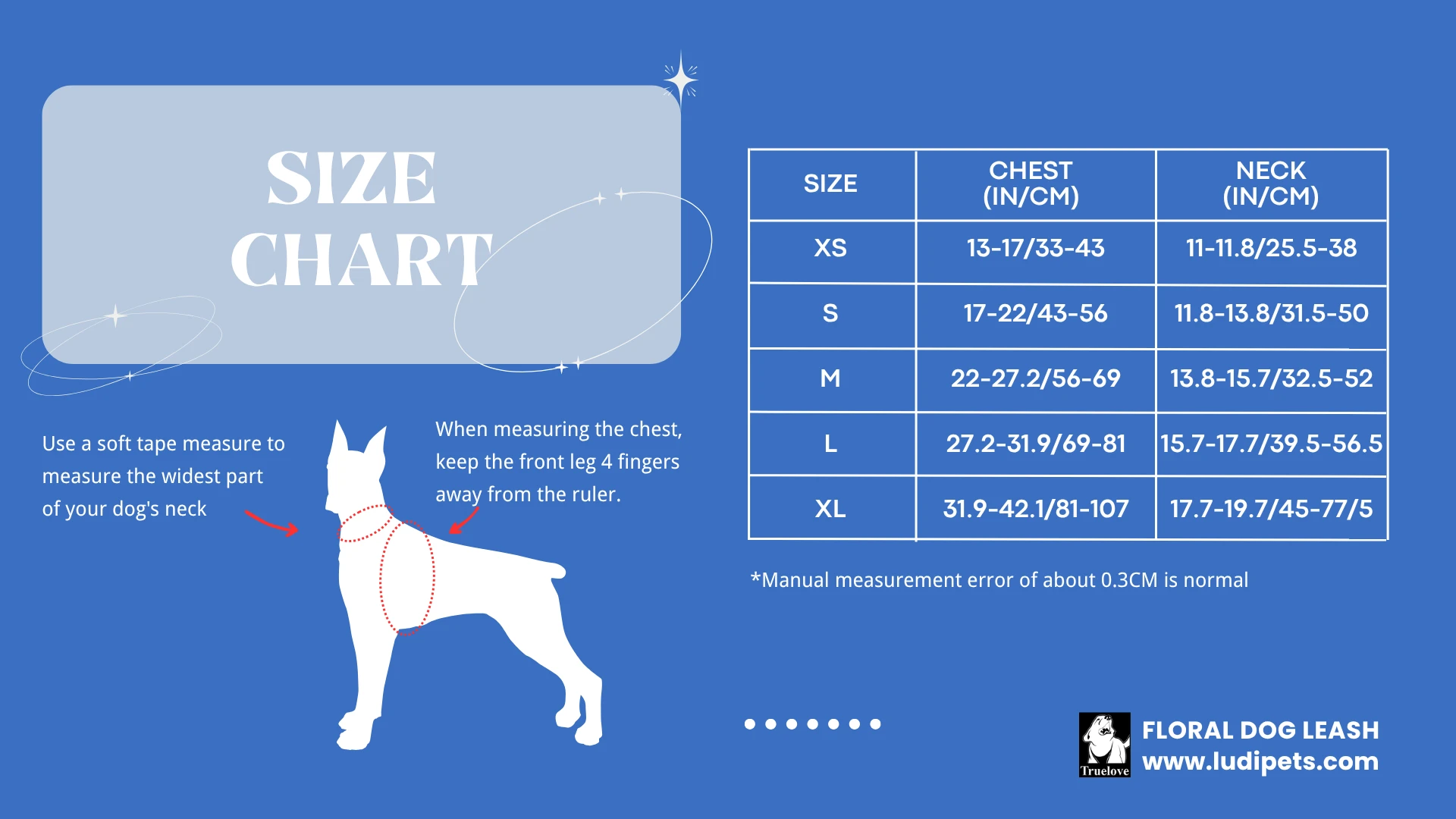 A detailed size chart for the floral dog harness, illustrating chest and neck measurements for sizes XS to XL. Includes instructions on using a soft tape to measure the widest part of the dog's neck and chest.